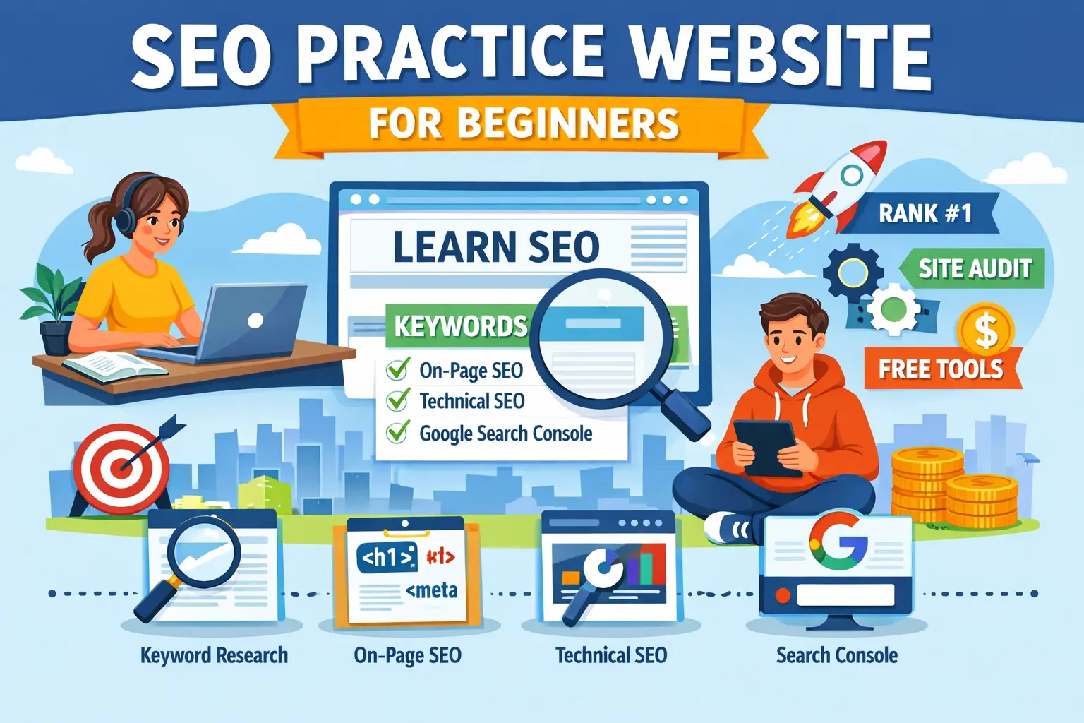 SEO learning website showing keyword research, on-page SEO, off-page SEO and technical SEO concepts